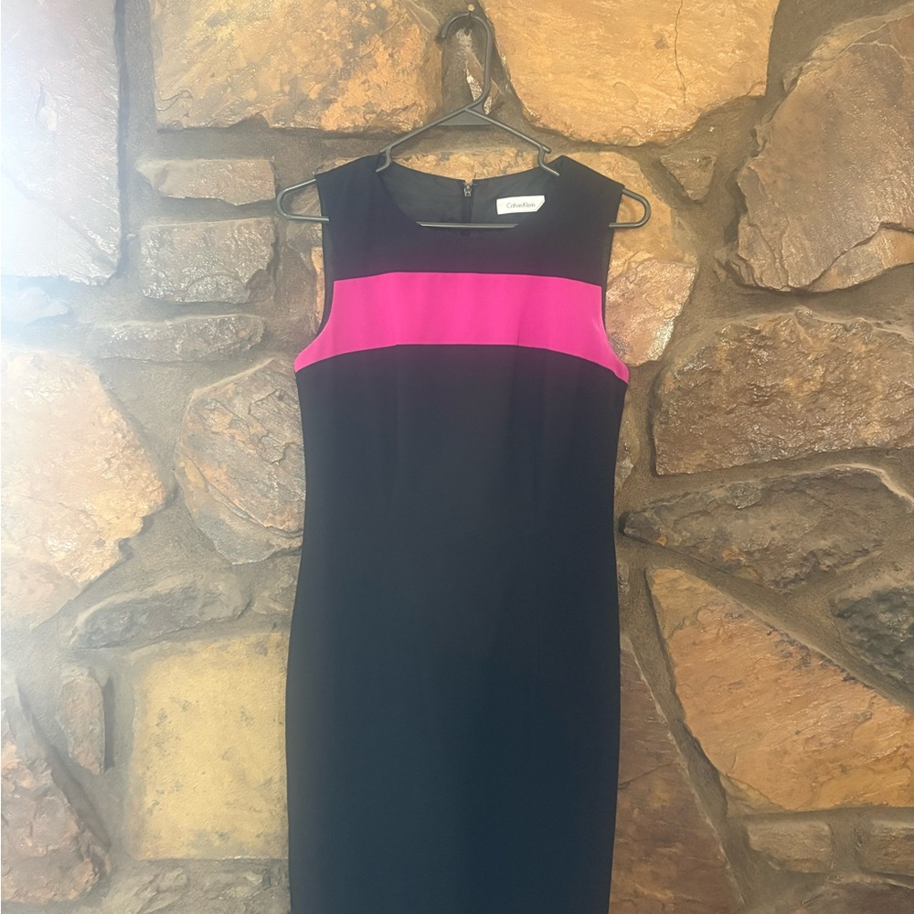 Calvin Klein Black Midi Sheath Dress with Fuchsia Band